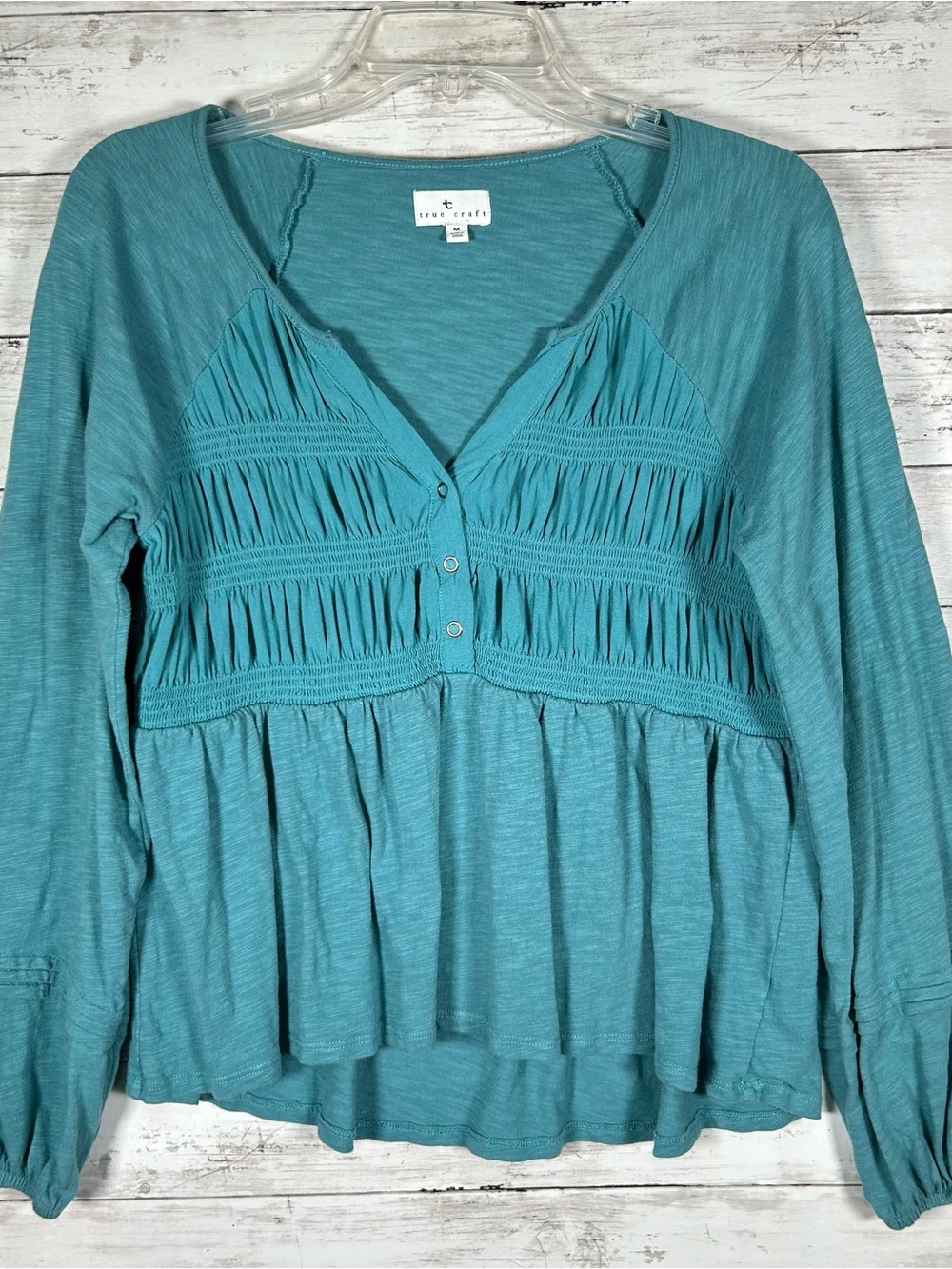 True Craft Smocked Babydoll Top Teal Snap Front Medium - Picture 2 of 7